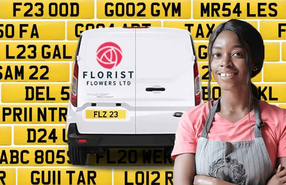 The background is a wall of number plates, the foreground shows a business owner with her vehicle.