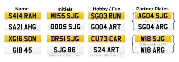Personalised number plate examples based on people's names as a gifts