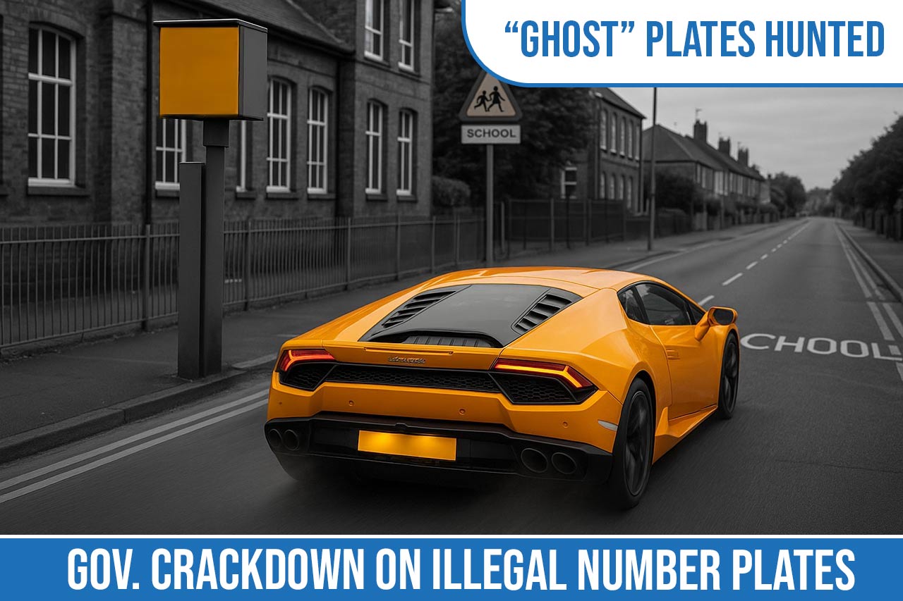 A lamborghini with illegal ghost number plates driving past a speed camera