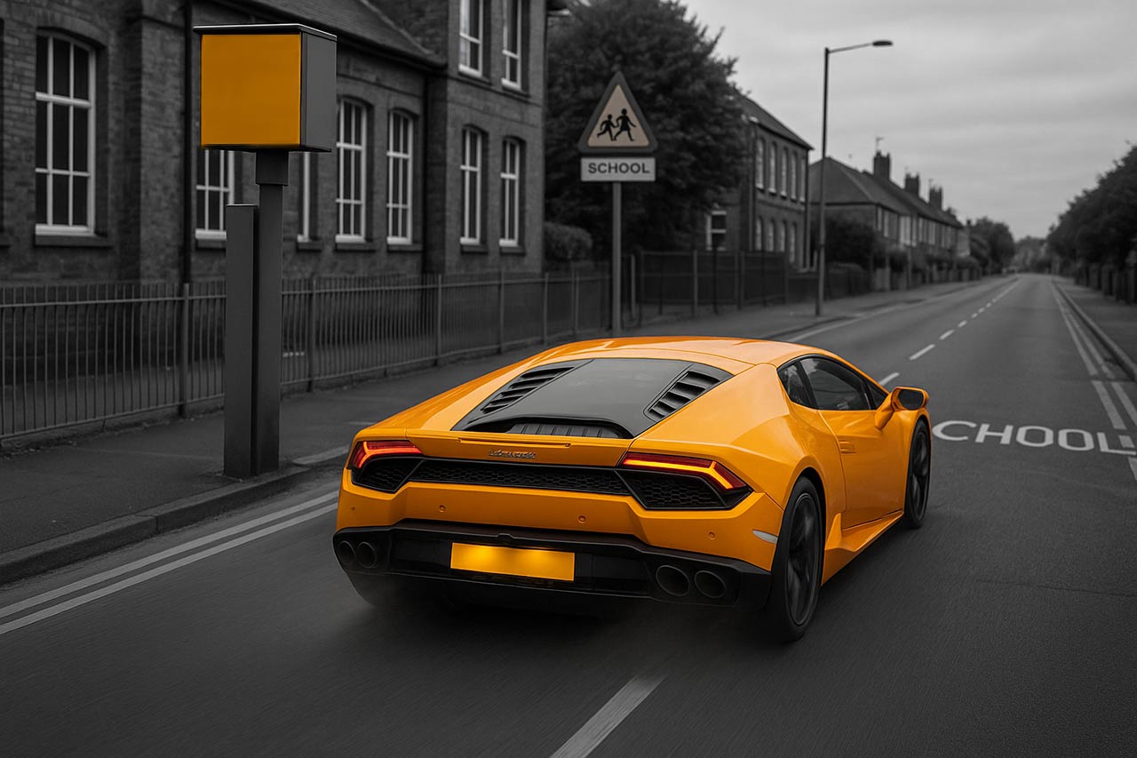 A lamborghini with illegal ghost number plates driving past a speed camera