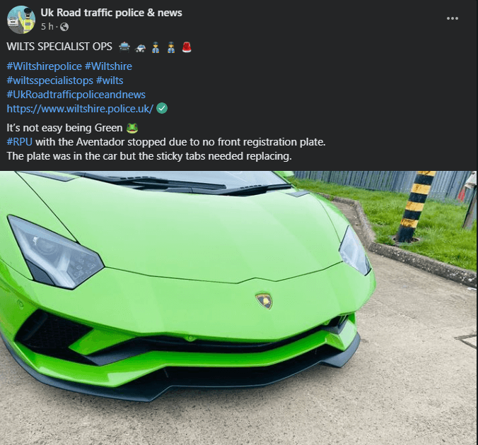 Twitter / X post by WILTS SPECIAL OPS. Green car with no front number plate. Text reads: It's not easy being Green. #RPU with the Aventador stopped due to no front registration plate. The plate was in the car but the sticky tabs needed replacing
