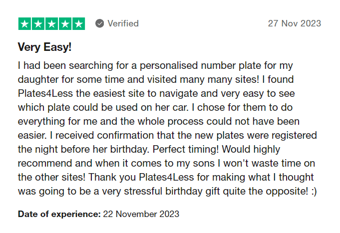 A screenshot of a 5 star trustpilot review.